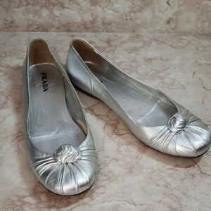 Prada Silver Flats with Knot  Bow Detail Size 41